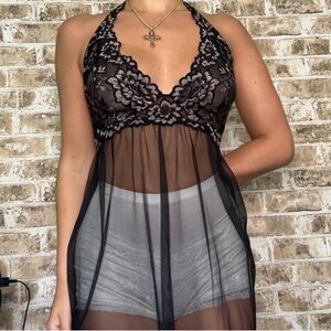 Victoria's Secret Black Lace Chemise Halter babydoll top size L sheer backless